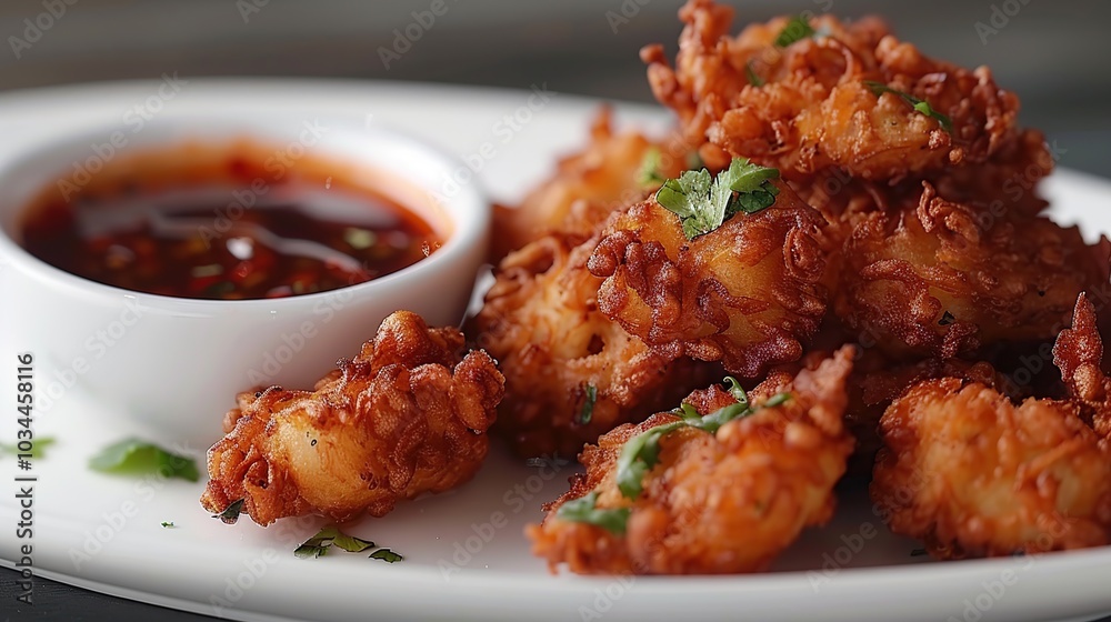 Fototapeta premium A plate of crispy fried food with a side of spicy dipping sauce.