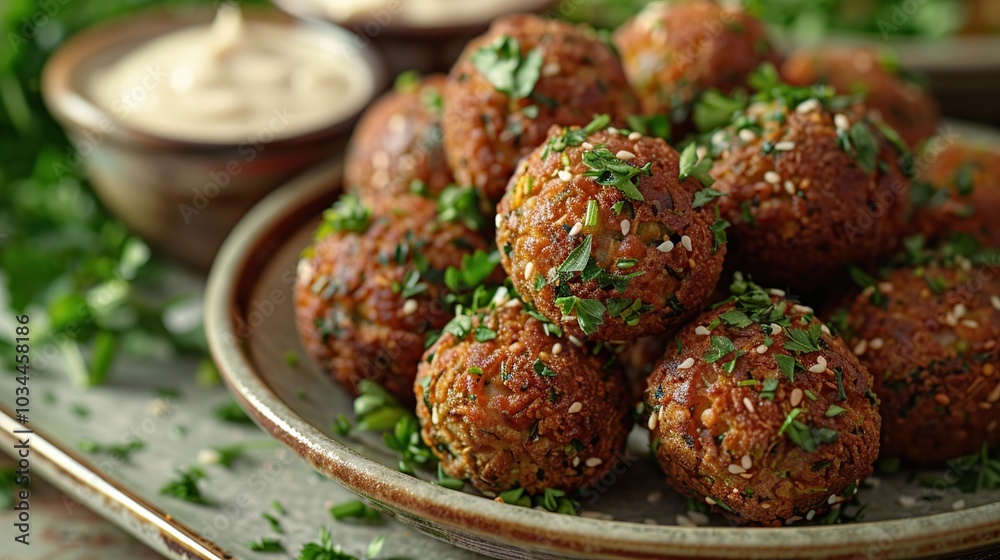 A plate of falafel balls, topped with parsley and sesame seeds, served with tahini sauce. A plate of falafel balls, topped with parsley and sesame seeds, served with tahini sauce.