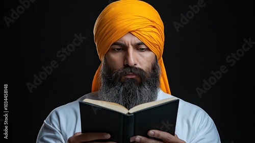 Sikh man reading from the Guru Granth Sahib, illustrating devotion and the centrality of scripture in Sikhism photo