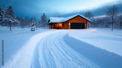 Snow-covered house with Christmas lights glowing in the evening, representing the warmth and beauty of the season