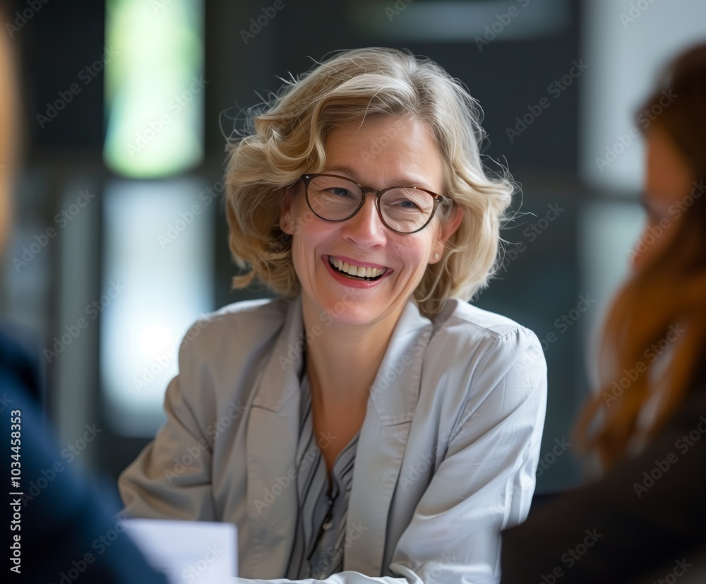 Woman wearing glasses and a gray jacket is smiling Woman wearing glasses and a gray jacket is smiling