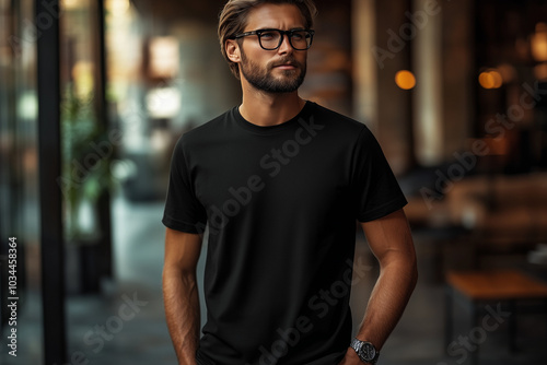 black t-shirt mockup, mockup tshirt, t shirt hanging, male model 