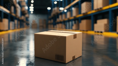 Wallpaper Mural A cardboard box sits alone in the middle of a warehouse aisle surrounded by stacked shelves. The bright lights illuminate the organized space, showcasing numerous cardboard packages Torontodigital.ca