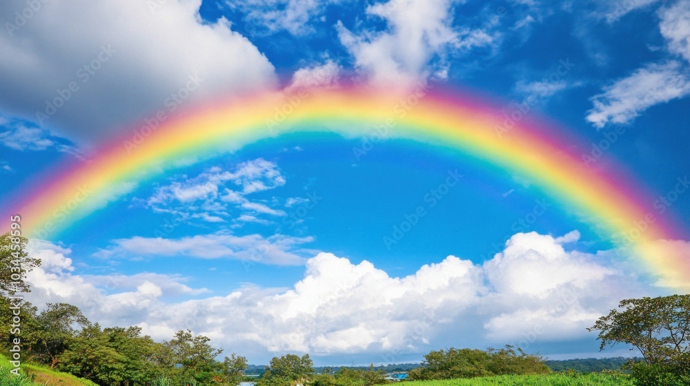 A colorful rainbow spans the sky, enhanced by the vivid blue backdrop and puffy white clouds, offering a stunning view in a tranquil natural setting following recent rainfall A colorful rainbow spans the sky, enhanced by the vivid blue backdrop and puffy white clouds, offering a stunning view in a tranquil natural setting following recent rainfall