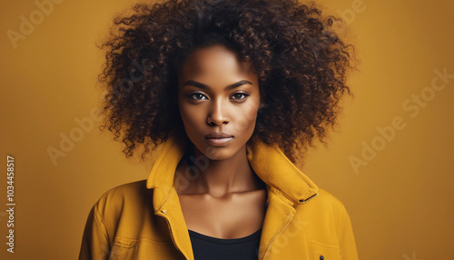 A portrait of a young African American woman with curly hair against a vibrant mustard-yellow background.


 photo