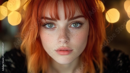 A young woman with orange hair and captivating green eyes gazes directly at the viewer, surrounded by a warmly illuminated backdrop of soft lights