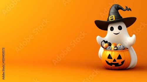 A cheerful cartoon ghost dressed in a witch's hat is joyfully cradling a pumpkin overflowing with colorful Halloween sweets, set against a vibrant orange backdrop