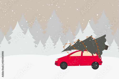 Christmas and New Year car with christmas tree. New year delivery service
