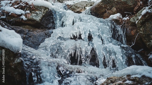 Frozen waterfall cascading down rocks, showcasing nature's icy beauty