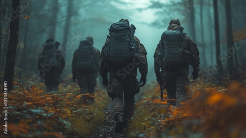 A group of soldiers is hiking through a dense forest, surrounded by tall trees and vibrant autumn colors. The atmosphere is misty and tranquil, creating a serene backdrop for their journey. photo