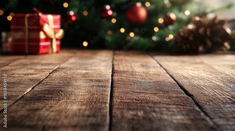 A rustic wooden table holds a wrapped gift and pinecones, with a Christmas tree adorned with lights and ornaments in the background, creating a warm holiday atmosphere A rustic wooden table holds a wrapped gift and pinecones, with a Christmas tree adorned with lights and ornaments in the background, creating a warm holiday atmosphere
