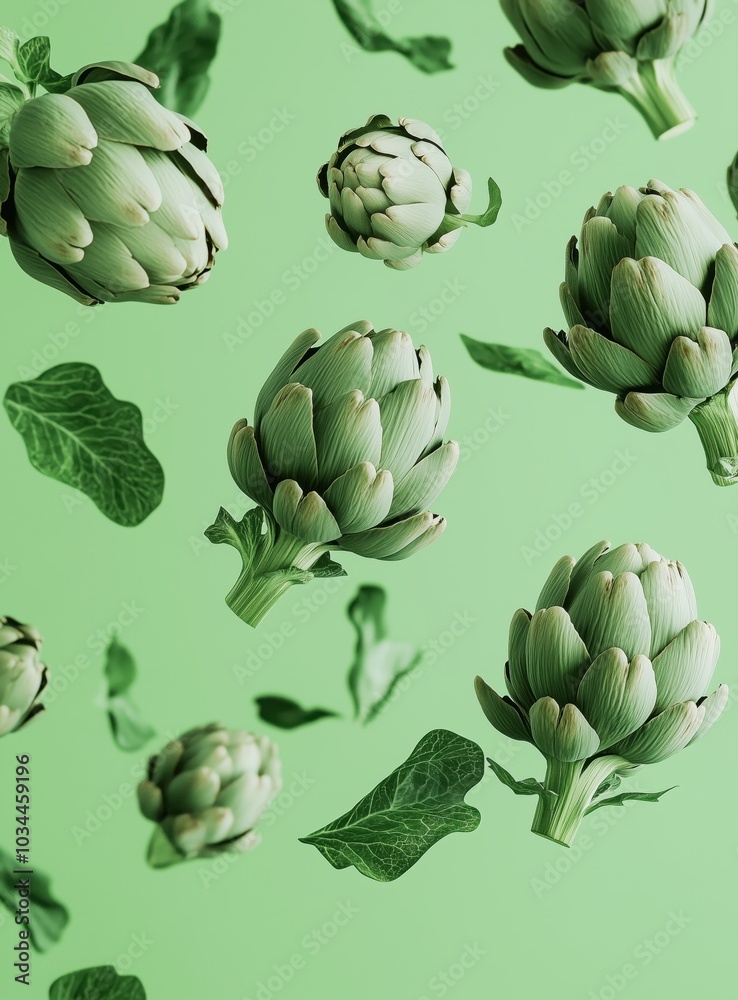 Artichokes and leaves floating on green background Artichokes and leaves floating on green background