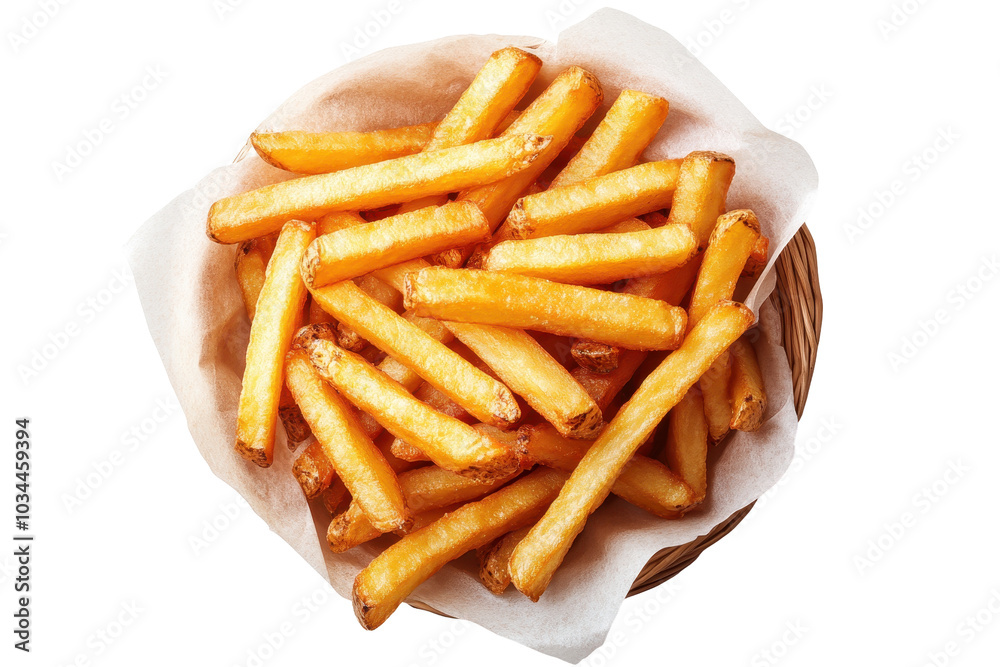 Golden French fries in a basket PNG isolated on transparent background, white background. Golden French fries in a basket PNG isolated on transparent background, white background.
