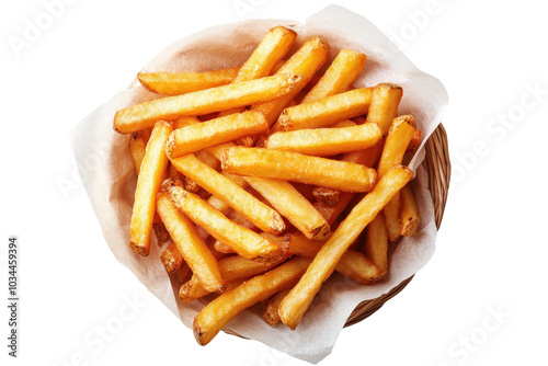 Golden French fries in a basket PNG isolated on transparent background, white background.