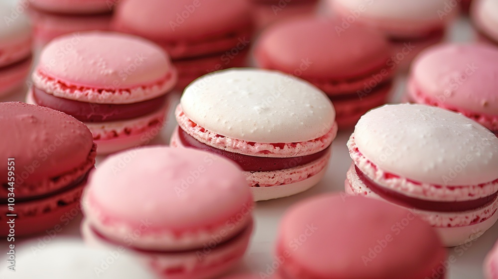 A close-up of pink and white macarons arranged in a row, showcasing their delicate details and vibrant colors. A close-up of pink and white macarons arranged in a row, showcasing their delicate details and vibrant colors.