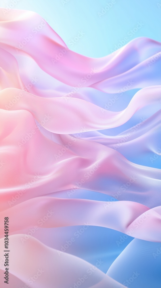 Fototapeta premium Delicate pastel waves of flowing fabric against a serene sky background