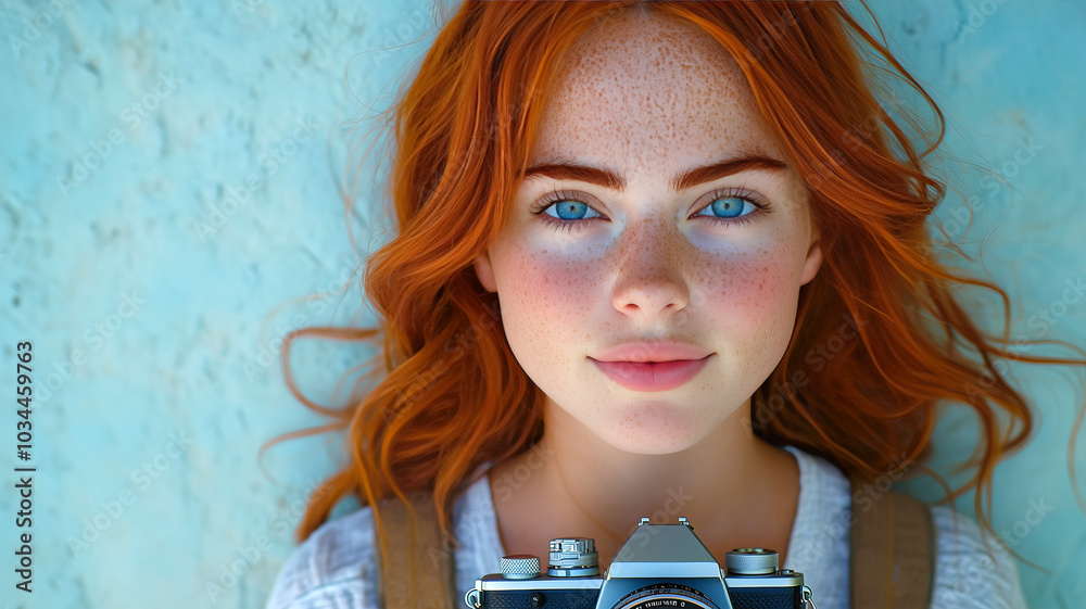 A portrait of a red-haired woman with ocean blue eyes holding a digital camera, Ai generated image