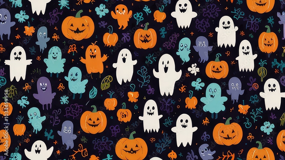 seamless vector pattern ghosts, pumpkins, bats, spiders, and witch hats, Halloween night, happy halloween, jpeg file seamless vector pattern ghosts, pumpkins, bats, spiders, and witch hats, Halloween night, happy halloween, jpeg file