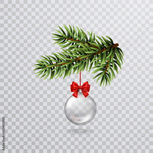 Christmas tree ball with red ribbon and green fir branche isolated on transparent background. Vector glass xmas ornament, pine evergreen plant element template
