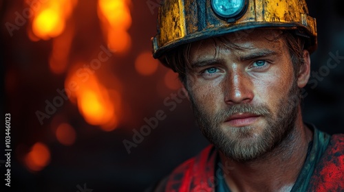 A coal miner stands confidently, wearing a yellow helmet with a headlamp, showcasing a determined expression amid the glowing flames of an underground mine in the evening photo