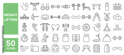 Set of 50 line icons related to weight lifting, gym, barbell, muscle, body, dumbbell, barbell, exercise, treadmill, Editable stroke. Vector illustration