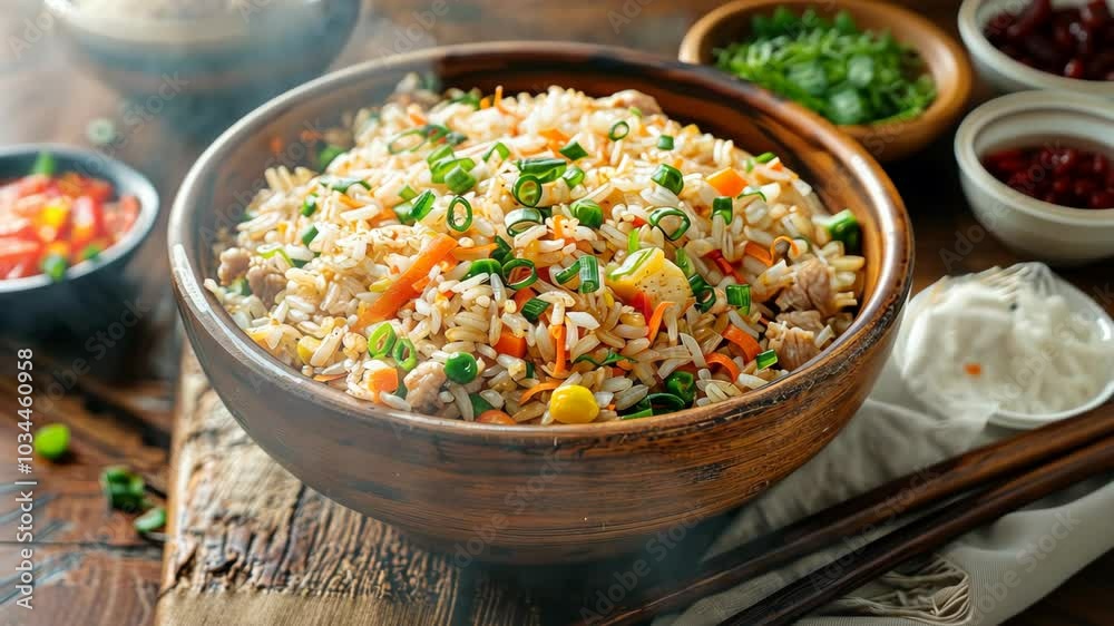Steaming fried rice with vegetables in a wooden bowl Steaming fried rice with vegetables in a wooden bowl