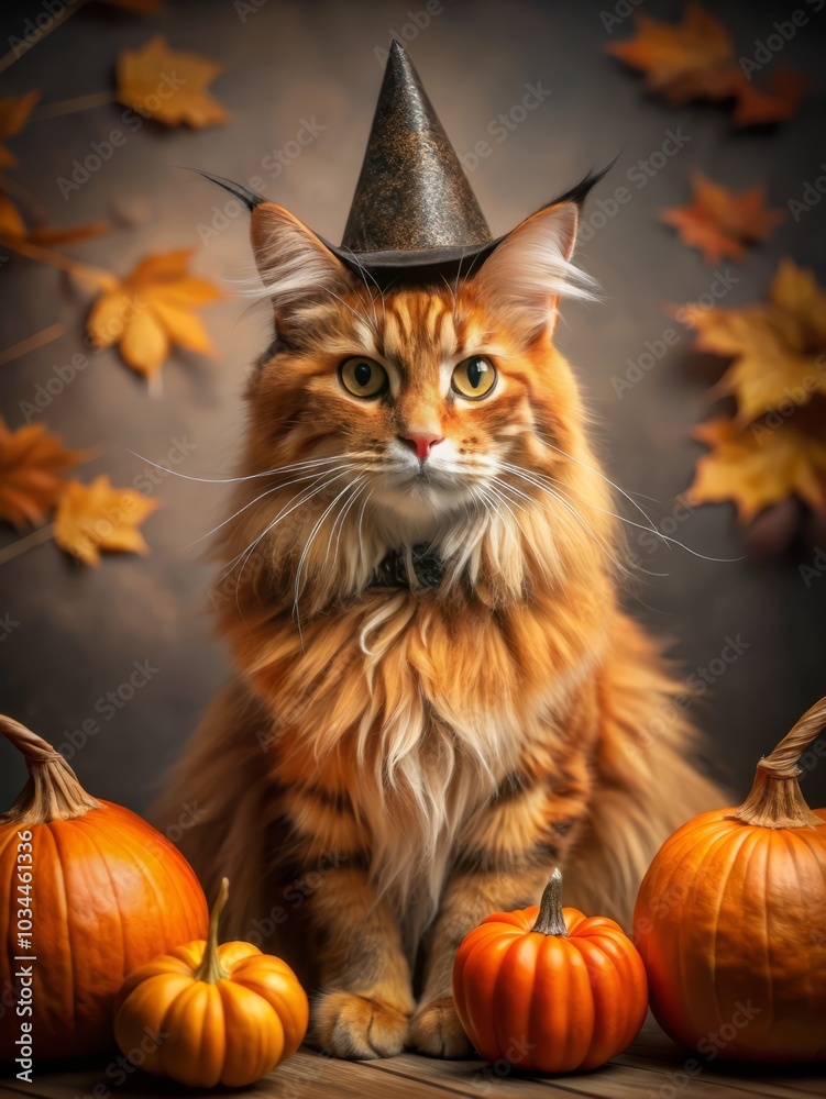 halloween cat in black hat with pumpkins in autumn background halloween cat in black hat with pumpkins in autumn background