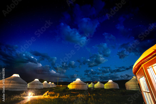 Group of Yurts, or Gers camping, portable tent used as a dwelling by several distinct nomadic groups in the steppes and mountains of Inner Asia, a highlight for traveling in Mongolia photo