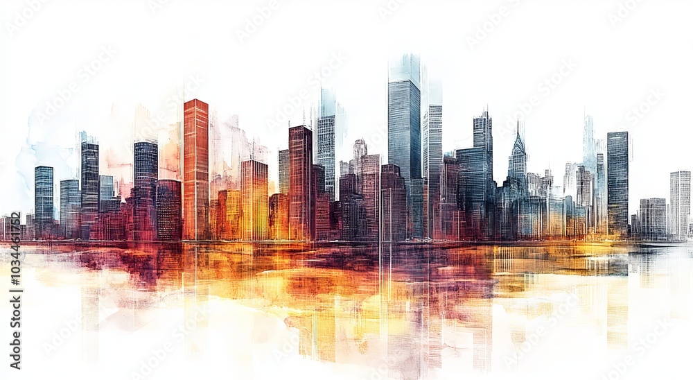 A modern cityscape in abstract style, featuring tall buildings rendered with lines and shapes in muted watercolors, symbolizing urban innovation and progress