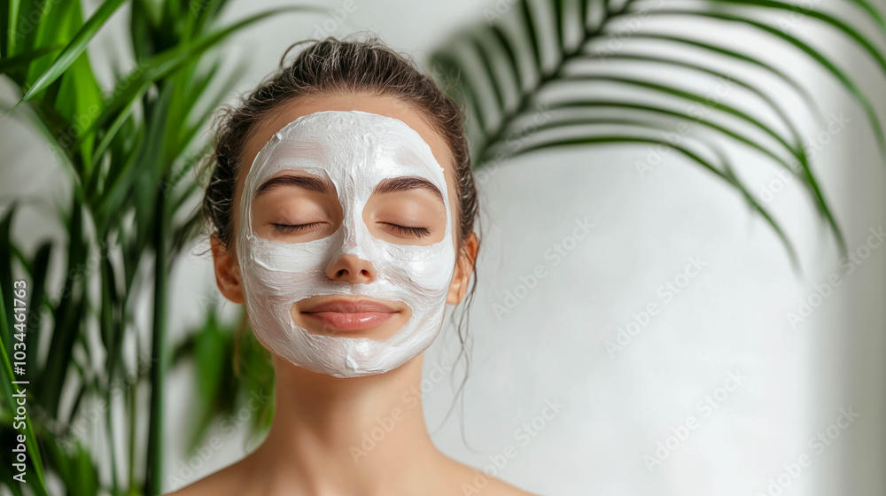 woman with wet hair and white cream mask on face, light background, full face photo woman with wet hair and white cream mask on face, light background, full face photo