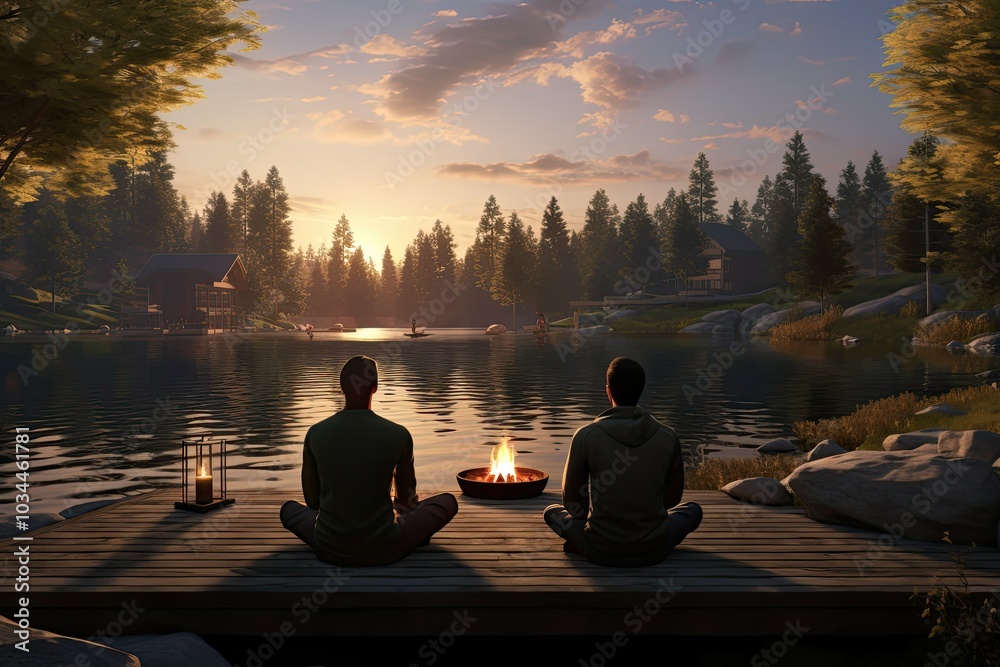 As dusk falls two friends relax by the lake meditating beside a warm campfire while the serene water reflects the vibrant sunset As dusk falls two friends relax by the lake meditating beside a warm campfire while the serene water reflects the vibrant sunset