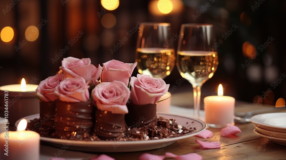 Romantic dinner table setting with two glasses of white wine, chocolate roses, candles, and rose petals. Romantic dinner table setting with two glasses of white wine, chocolate roses, candles, and rose petals.