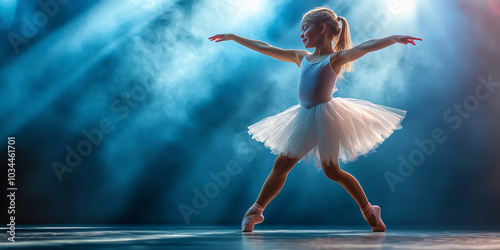 Cute little girl wearing tutu performing on stage. Cheerful child participating in a concert in front of her parents. Creative leisure for ballet school students.