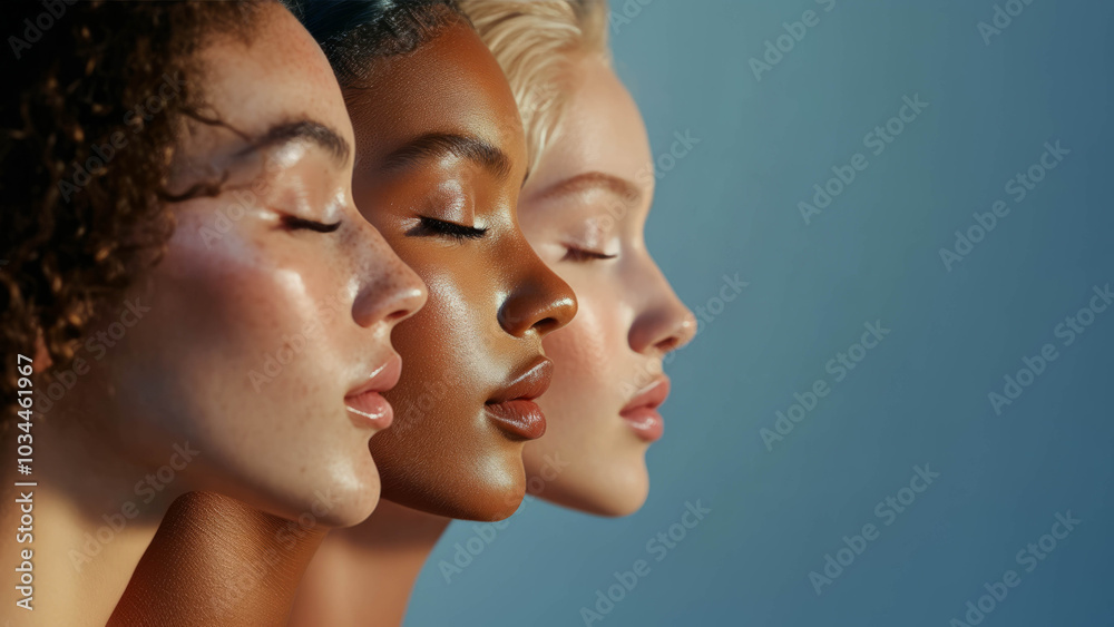 Fototapeta premium photos of women's faces of different skin colors without makeup, natural beauty, beautiful clean smooth skin, pure aesthetics, studio lighting, blue background