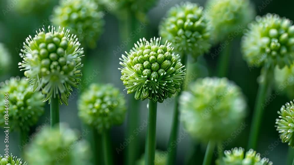 A close-up shot of several green onion blossoms in a garden on a sunny day A close-up shot of several green onion blossoms in a garden on a sunny day