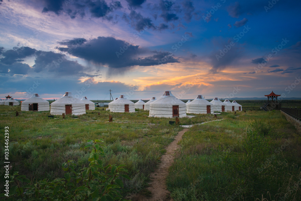 Group of Yurts, or Gers camping, portable tent used as a dwelling by several distinct nomadic groups in the steppes and mountains of Inner Asia, a highlight for traveling in Mongolia Group of Yurts, or Gers camping, portable tent used as a dwelling by several distinct nomadic groups in the steppes and mountains of Inner Asia, a highlight for traveling in Mongolia