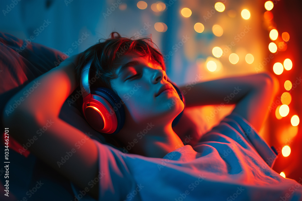 Obraz premium Portrait of a relaxed teenage child listening to music wearing headphones. Happy smiling teen kid having fun listening to songs alone in his bedroom.