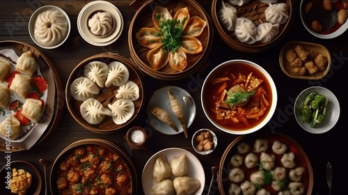 A variety of Chinese dumplings and dishes on a wooden table, including steamed dumplings, soup dumplings, and fried dumplings.