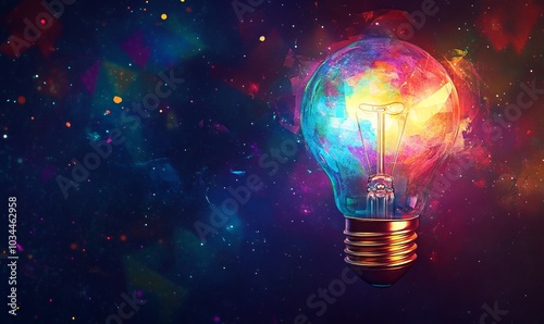 Glowing light bulb with colorful idea banner and copy space, creative thinking