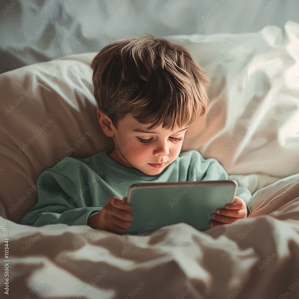 A boy lying in bed, looking at his iPad, pastel green and pink tones in the room. A boy lying in bed, looking at his iPad, pastel green and pink tones in the room.
