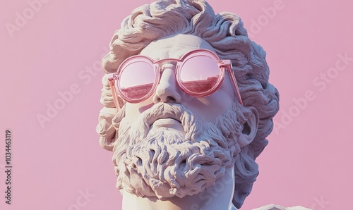 Greek sculpture wearing rose-colored glasses on a pink background
