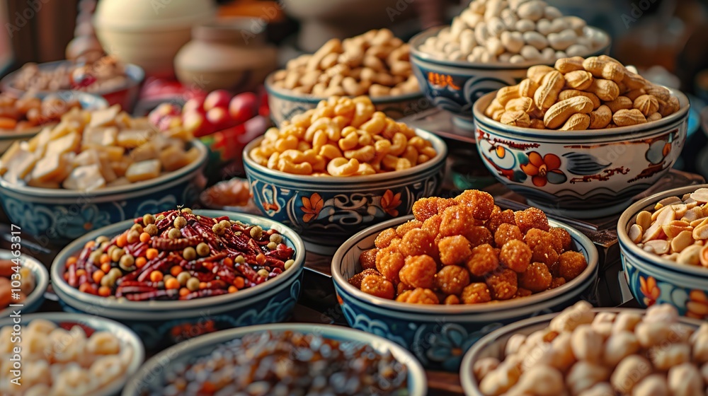 A variety of nuts, dried fruits, and candies are displayed in colorful bowls on a table. A variety of nuts, dried fruits, and candies are displayed in colorful bowls on a table.