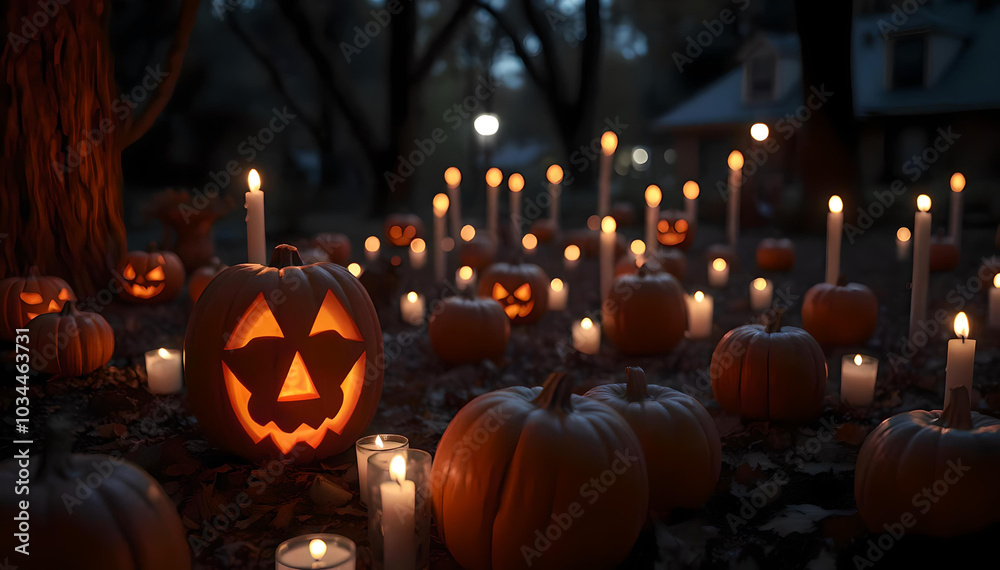 Obraz premium A spooky Halloween night unfolds with glowing pumpkins and flickering candles, casting enchanting shadows. The scene radiates an eerie yet festive atmosphere, inviting all to celebrate