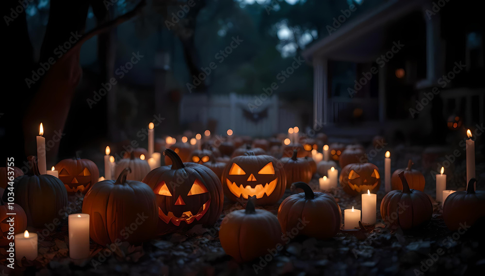 Obraz premium A spooky Halloween night unfolds with glowing pumpkins and flickering candles, casting enchanting shadows. The scene radiates an eerie yet festive atmosphere, inviting all to celebrate