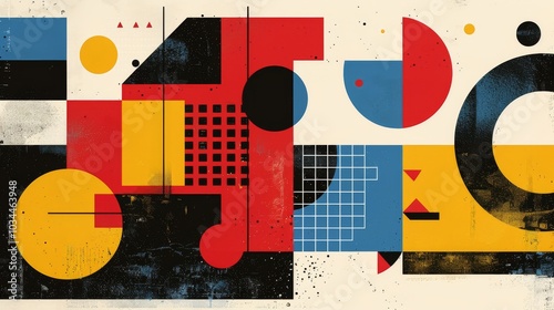 Abstract geometric Bauhaus pattern poster with overlapping shapes and primary colors. Minimalist design. Vector art