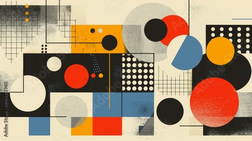 Abstract geometric Bauhaus pattern poster with overlapping shapes and primary colors. Minimalist design. Vector art