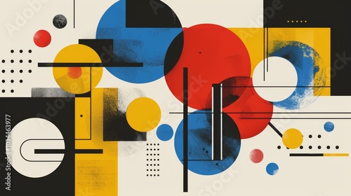 Abstract geometric Bauhaus pattern poster with overlapping shapes and primary colors. Minimalist design. Vector art