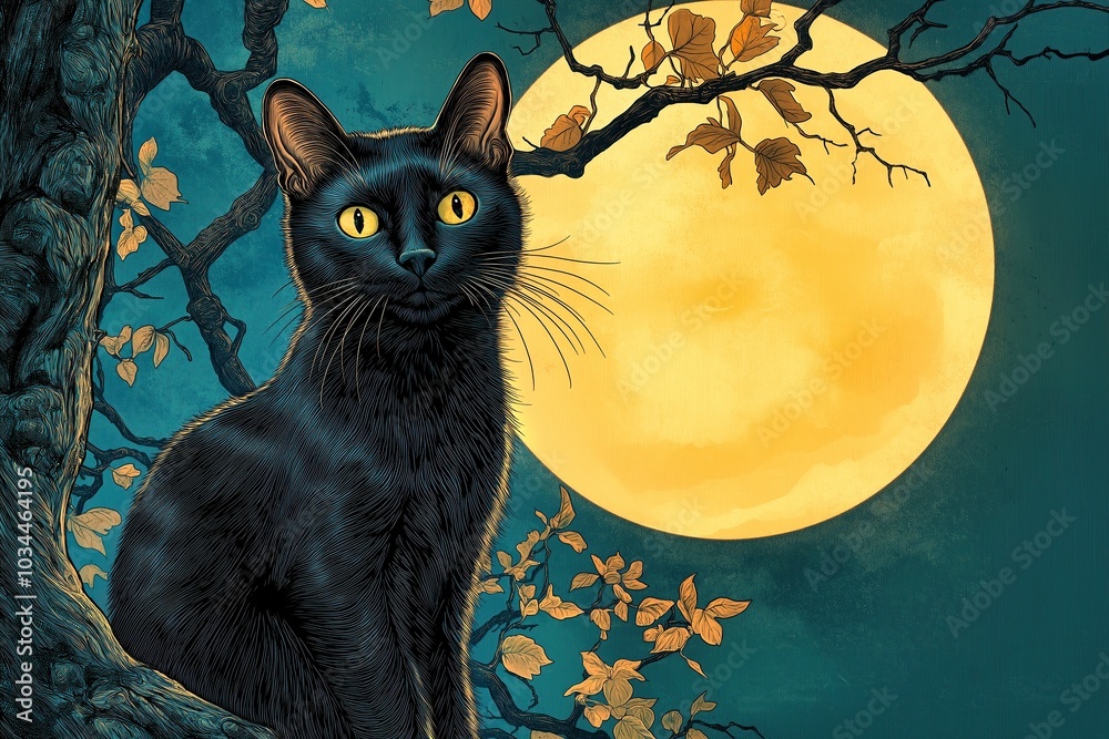 Black Cat Sitting on a Tree Branch Under a Full Yellow Moon, Autumn Evening Black Cat Sitting on a Tree Branch Under a Full Yellow Moon, Autumn Evening