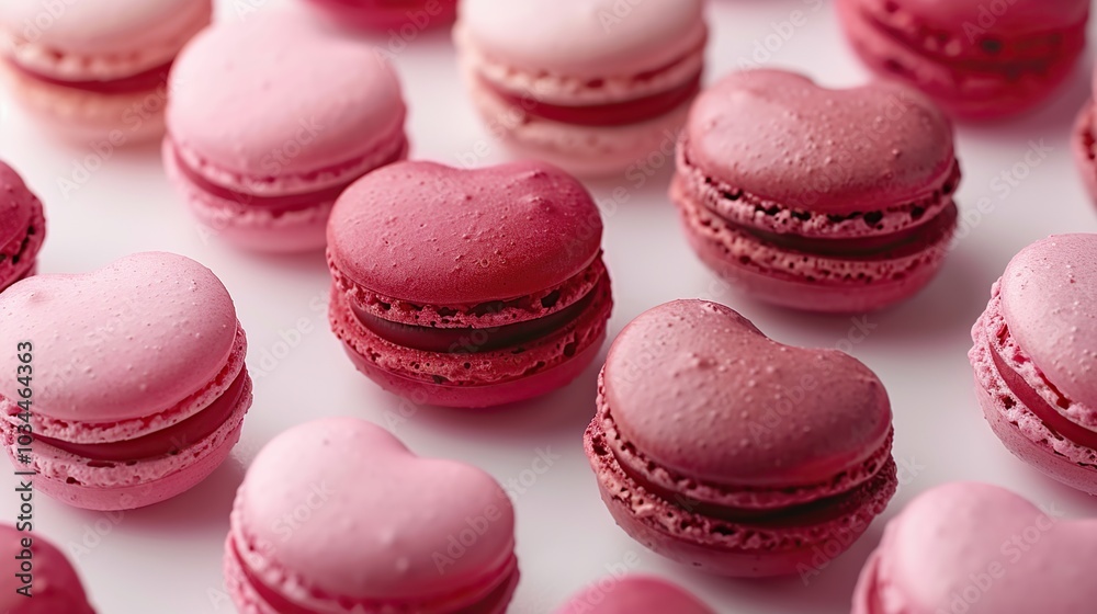 A close-up of pink heart-shaped macarons on a white background. A close-up of pink heart-shaped macarons on a white background.