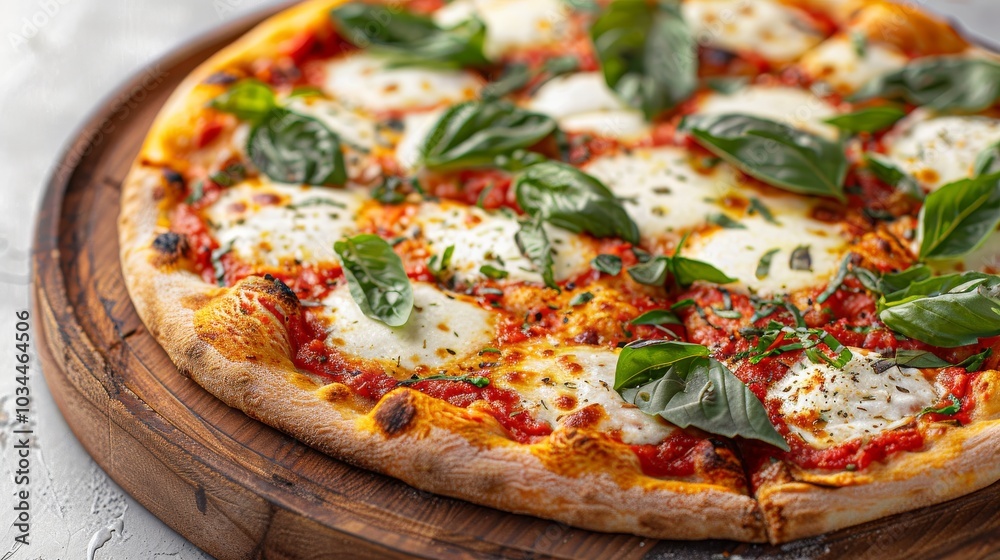 Classic Margherita pizza with fresh mozzarella and basil, served on a wooden plate isolated on a minimalist white background Classic Margherita pizza with fresh mozzarella and basil, served on a wooden plate isolated on a minimalist white background